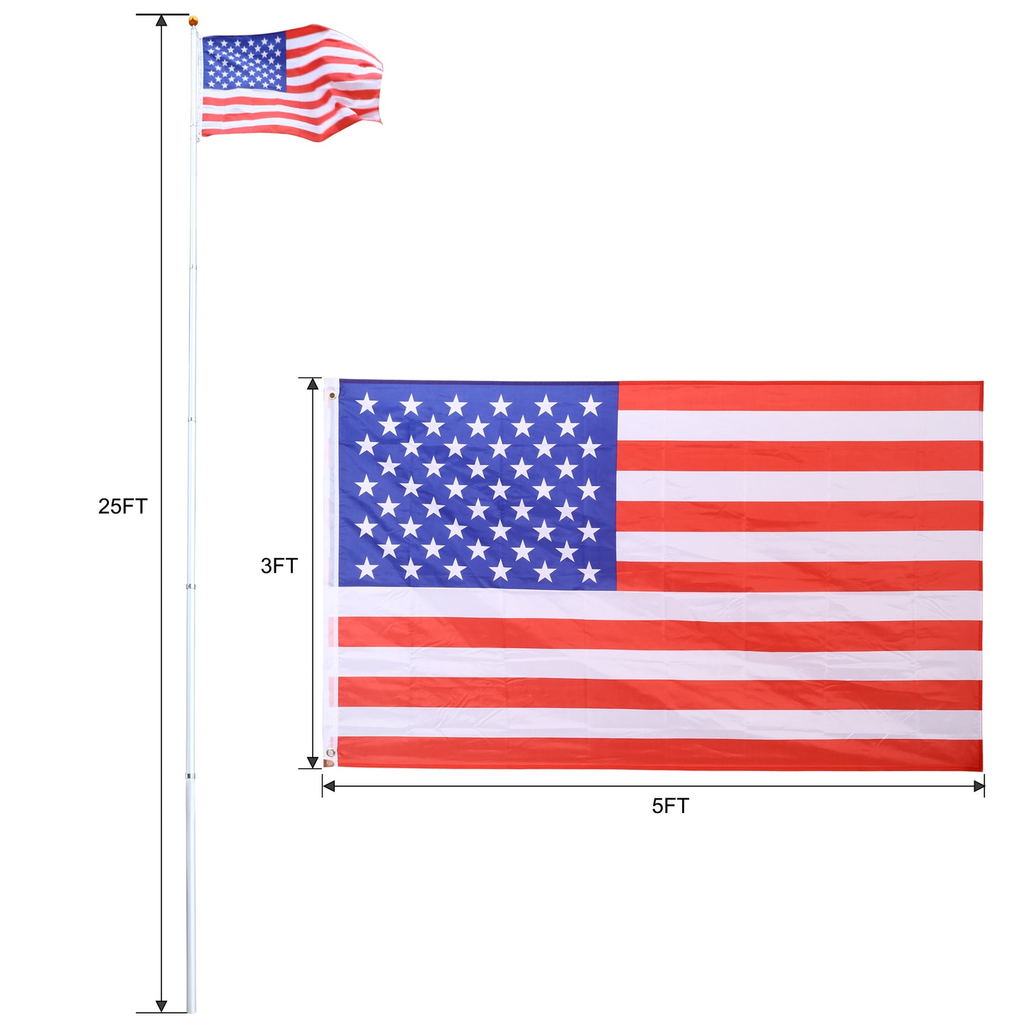 25FT Telescopic Flag Pole Kit, Sectional Flag Pole Kit, Extra Thick Heavy Duty Aluminum Flagpole, Outdoor Inground Flag Poles with Topper Balls for Yard, Residential or Commercial