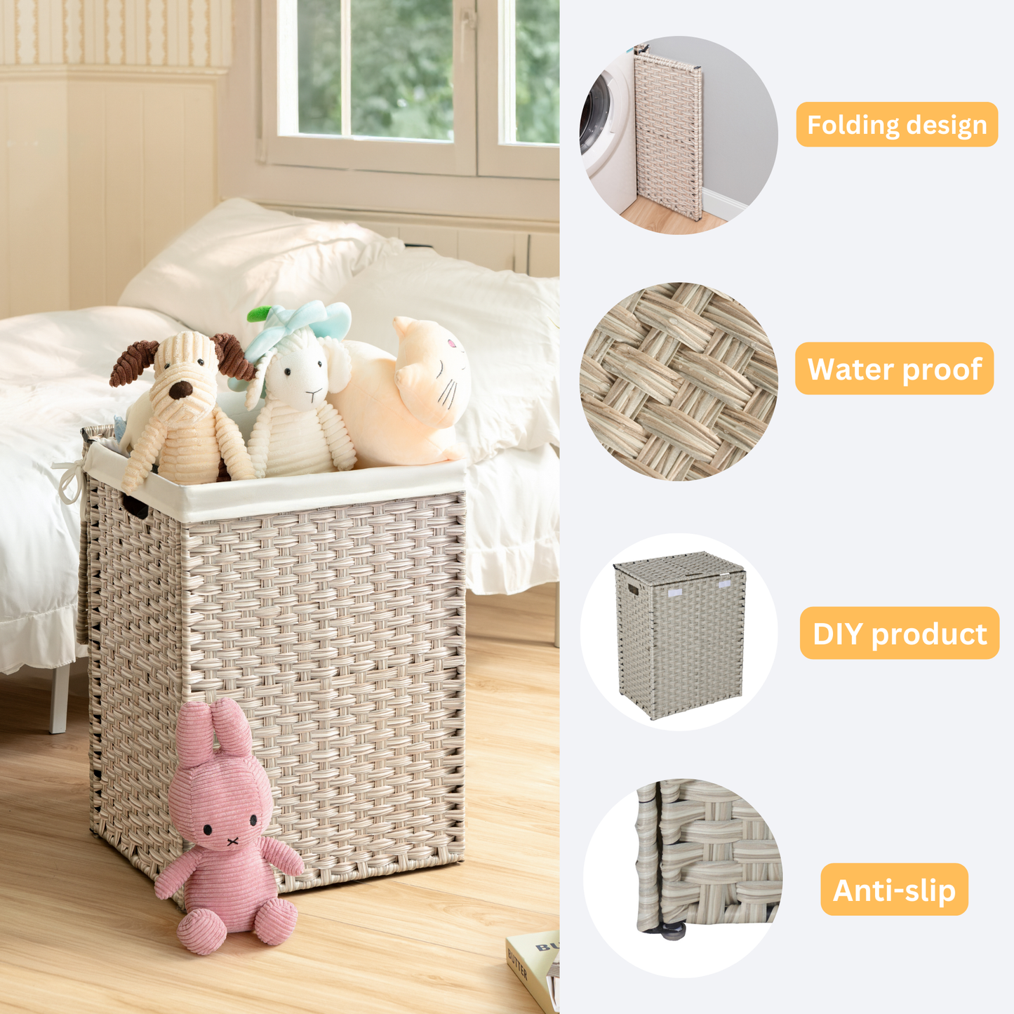 Laundry Hamper With Lid PE Rattan Powder Coating Frame Clothes Hampers with 01 Removable Bags, 100L, Gray Color