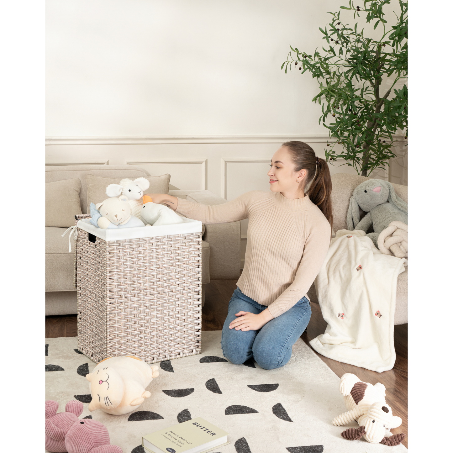 Laundry Hamper With Lid PE Rattan Powder Coating Frame Clothes Hampers with 01 Removable Bags, 100L, Gray Color