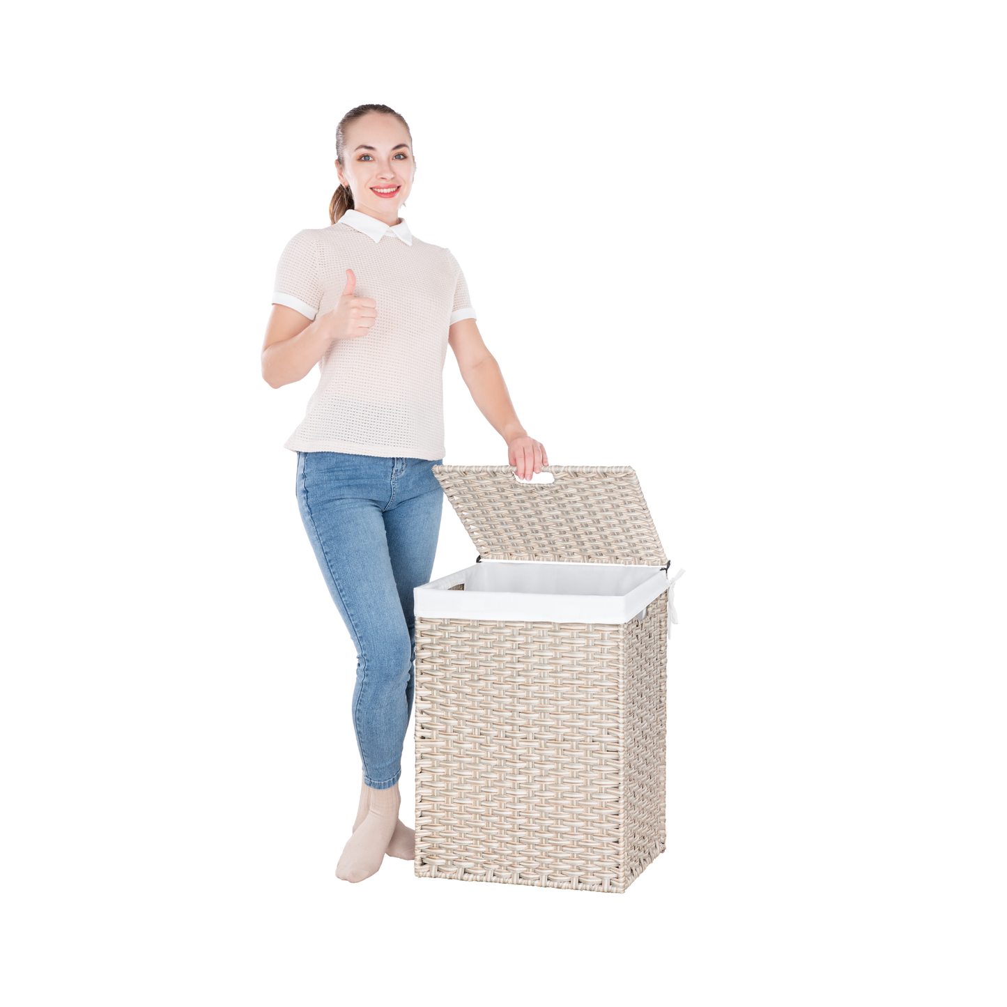 Laundry Hamper With Lid PE Rattan Powder Coating Frame Clothes Hampers with 01 Removable Bags, 100L, Gray Color
