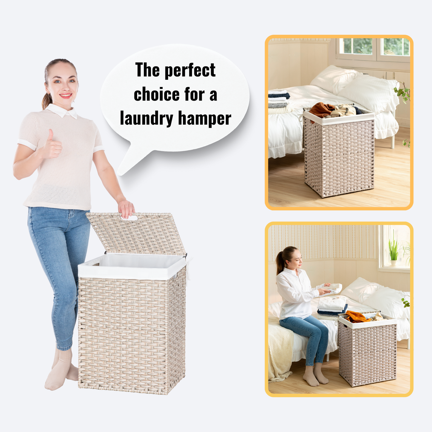 Laundry Hamper With Lid PE Rattan Powder Coating Frame Clothes Hampers with 01 Removable Bags, 100L, Gray Color