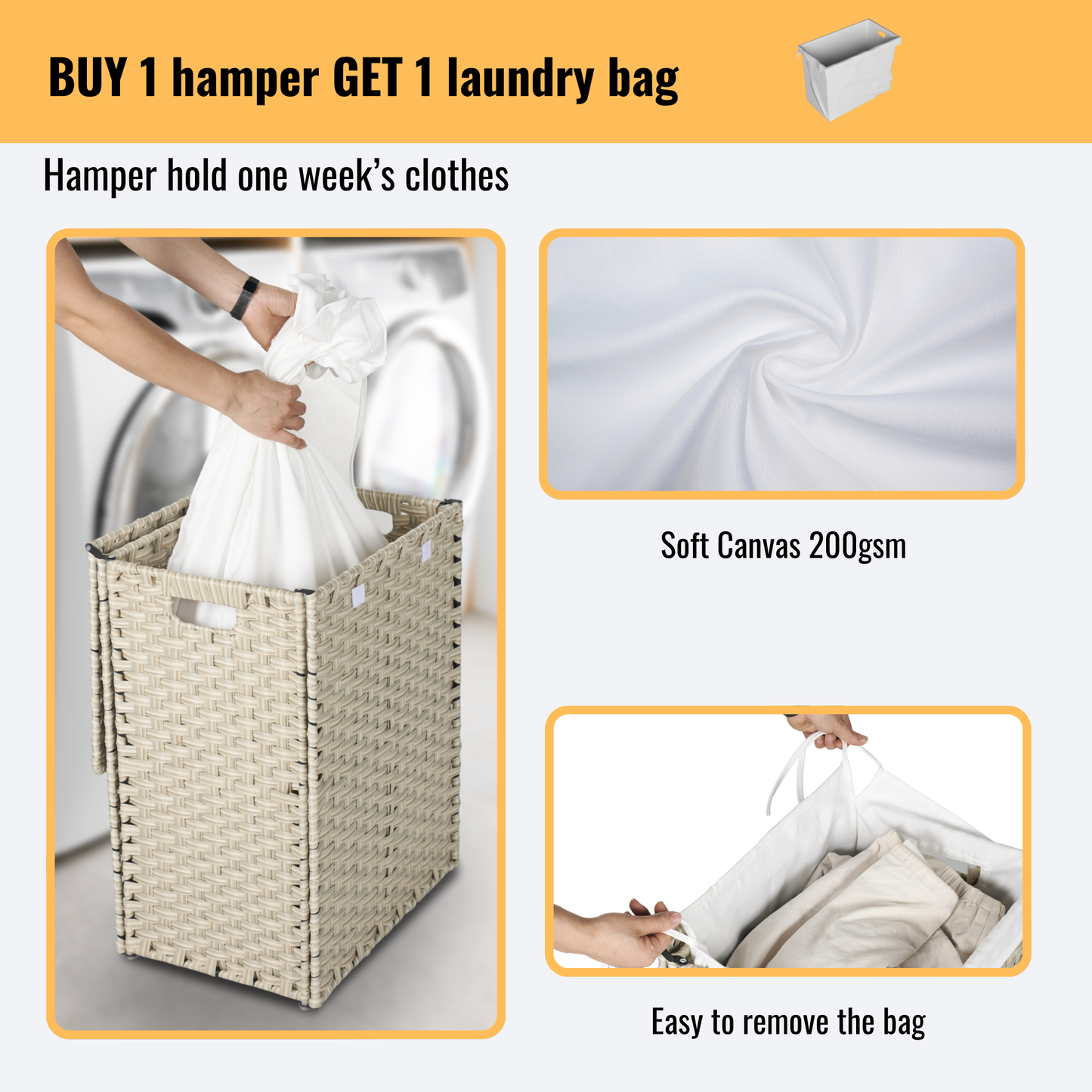 Laundry Hamper With Lid PE Rattan Powder Coating Frame Clothes Hampers with 01 Removable Bags, 100L, Gray Color