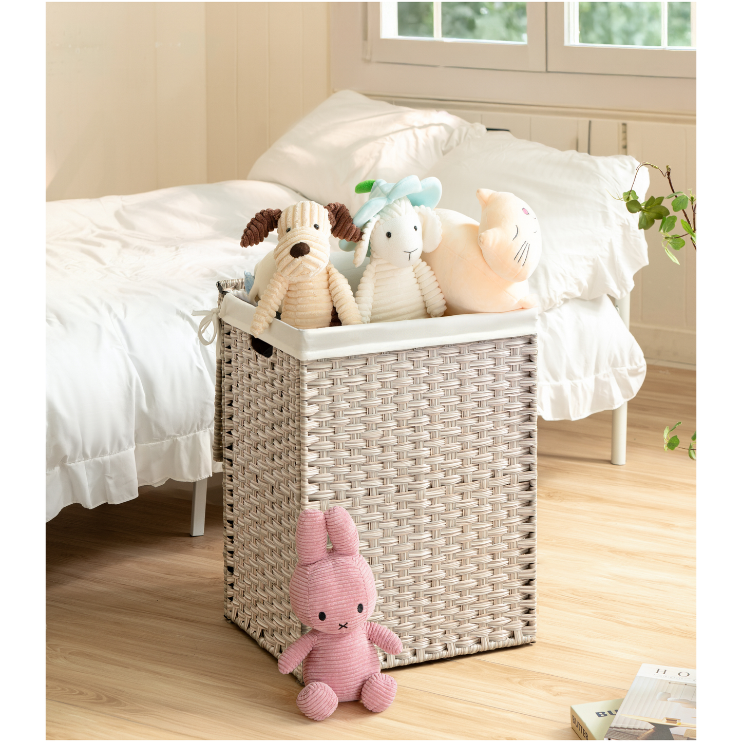 Laundry Hamper With Lid PE Rattan Powder Coating Frame Clothes Hampers with 01 Removable Bags, 100L, Gray Color