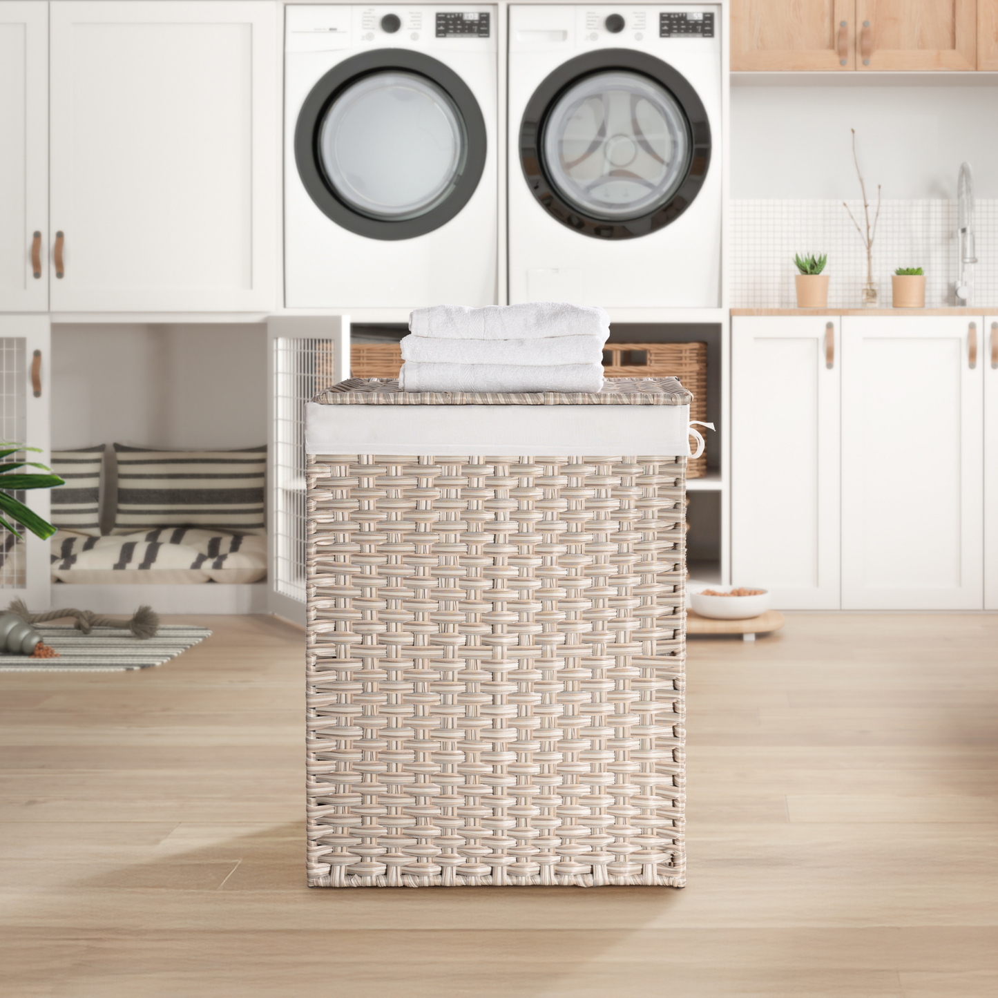 Laundry Hamper With Lid PE Rattan Powder Coating Frame Clothes Hampers with 01 Removable Bags, 100L, Gray Color