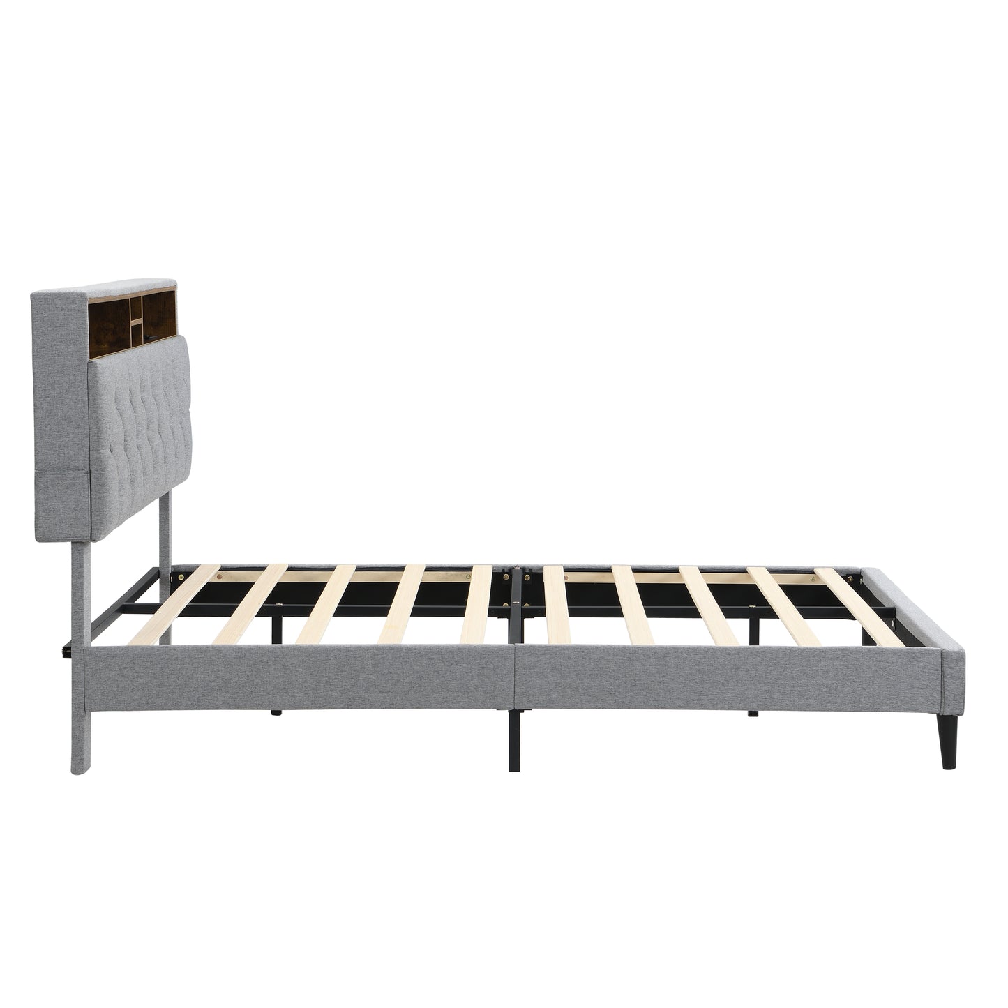Queen-Size Upholstered Platform Bed Frame with a Modern Button-Tufted Linen Fabric Headboard,USB Ports,Convenient Charging Station,two side-mounted pockets,not require a box spring,Light Grey