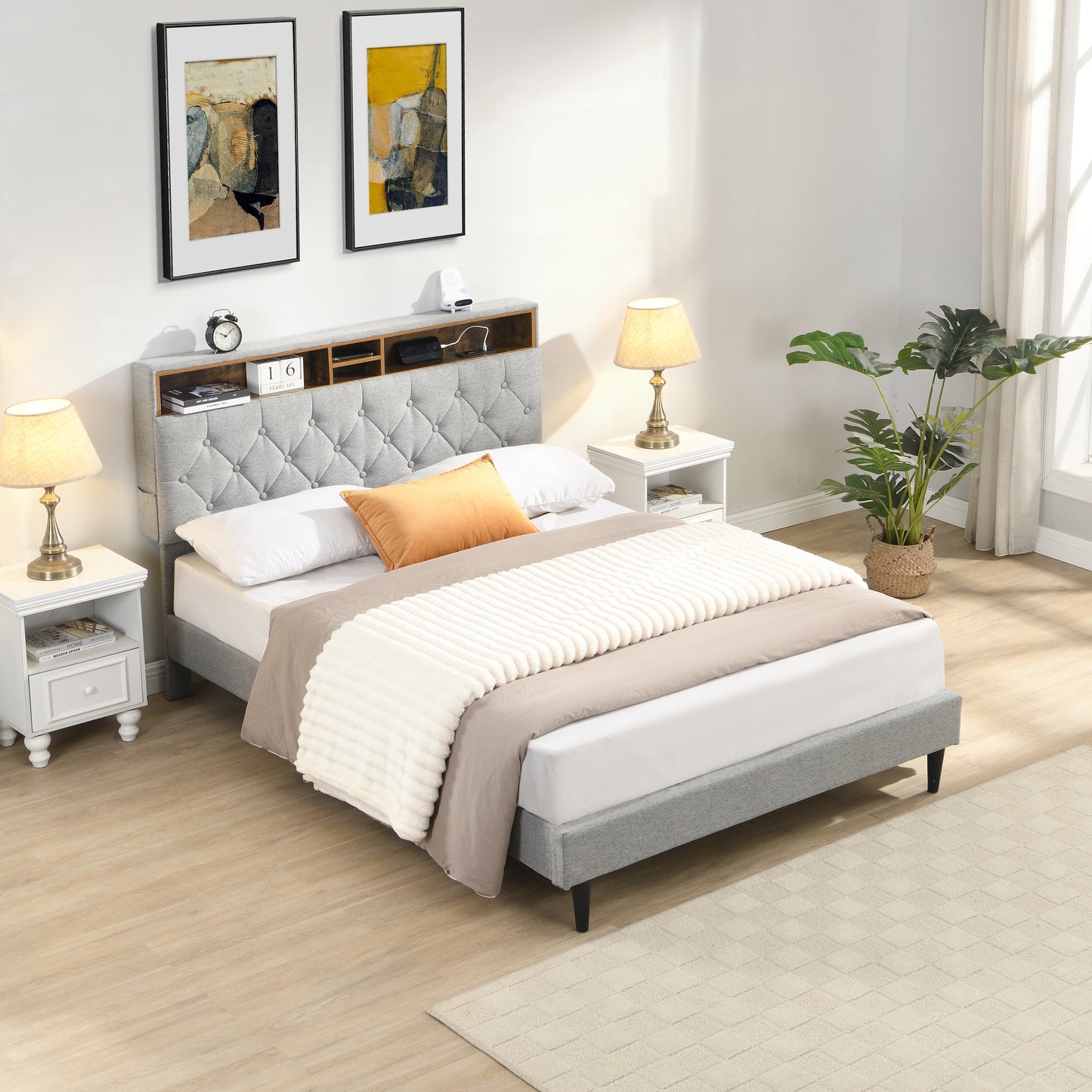 Queen-Size Upholstered Platform Bed Frame with a Modern Button-Tufted Linen Fabric Headboard,USB Ports,Convenient Charging Station,two side-mounted pockets,not require a box spring,Light Grey