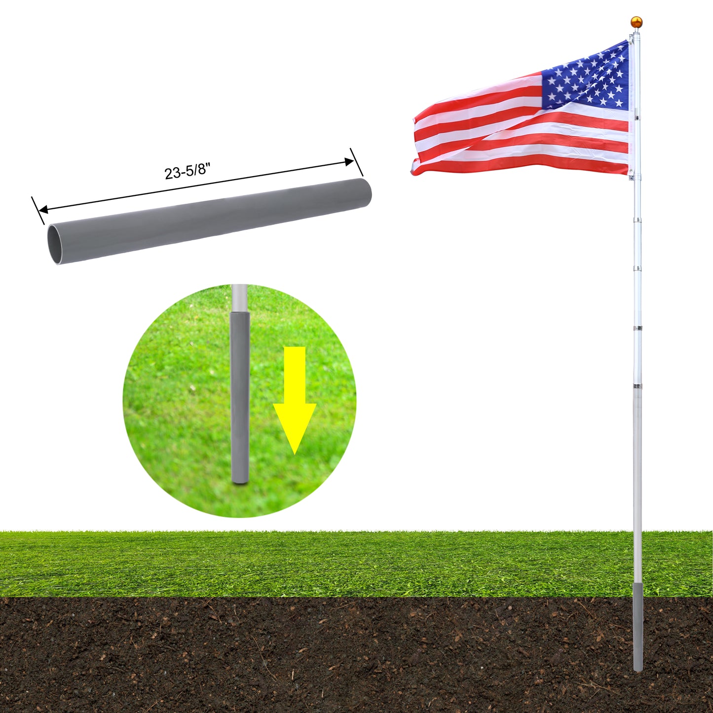 25FT Telescopic Flag Pole Kit, Sectional Flag Pole Kit, Extra Thick Heavy Duty Aluminum Flagpole, Outdoor Inground Flag Poles with Topper Balls for Yard, Residential or Commercial