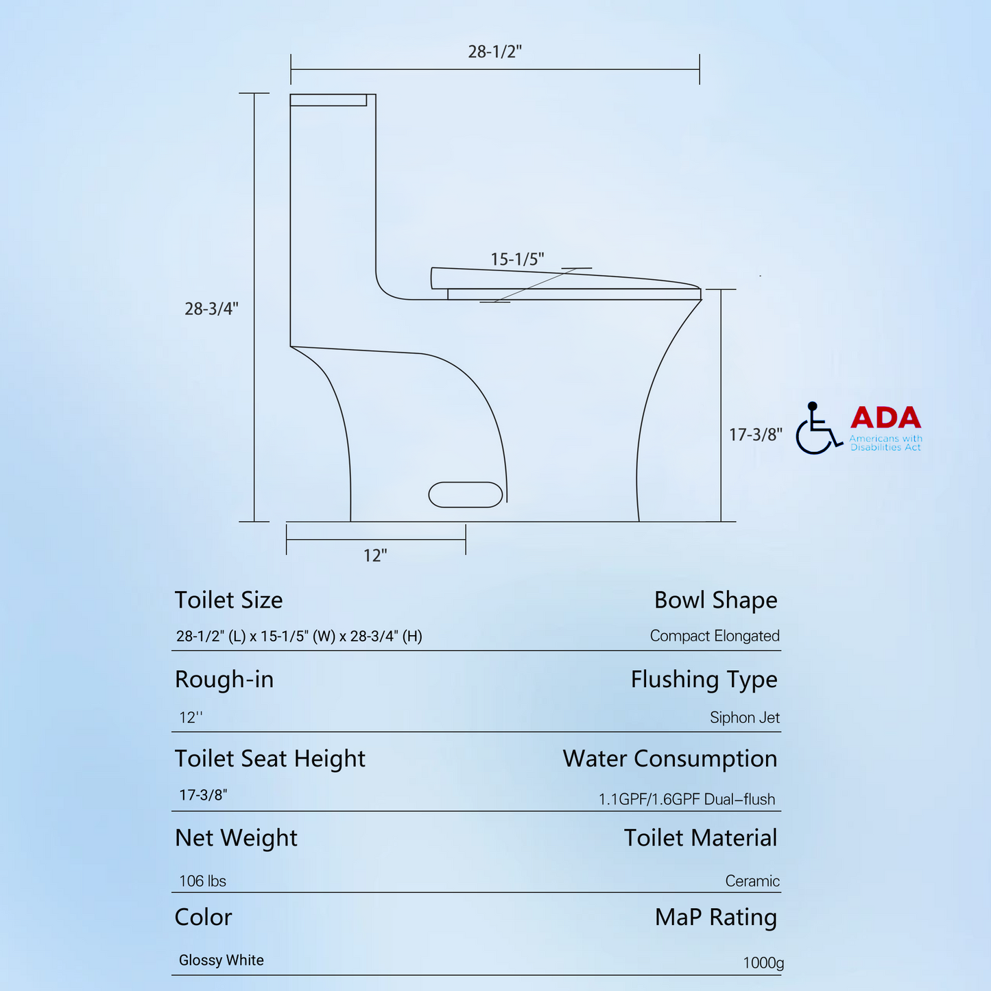 1.1/1.60 GPF Dual-Flush One Piece Toilet, Water-Saving Elongated Comfort Height Floor Mounted, Soft Closing Seat, 1000 Gram Map Flushing Score Toilet, Glossy White 23T02-GW
