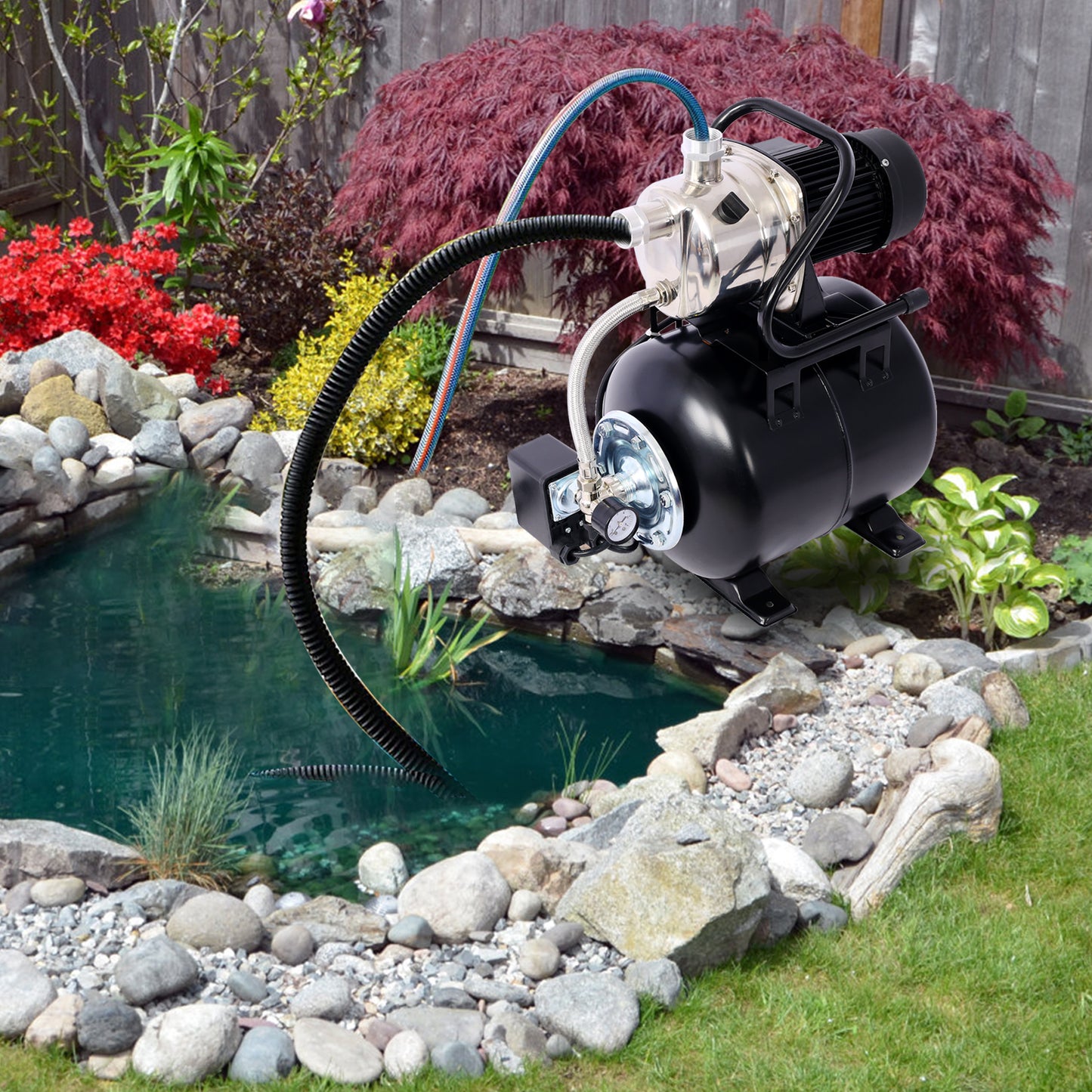 1.6HP Shallow Well Pump with Pressure Tank,garden water pump, Irrigation Pump,Automatic Water Booster Pump for Home Garden Lawn Farm, stainless steel head