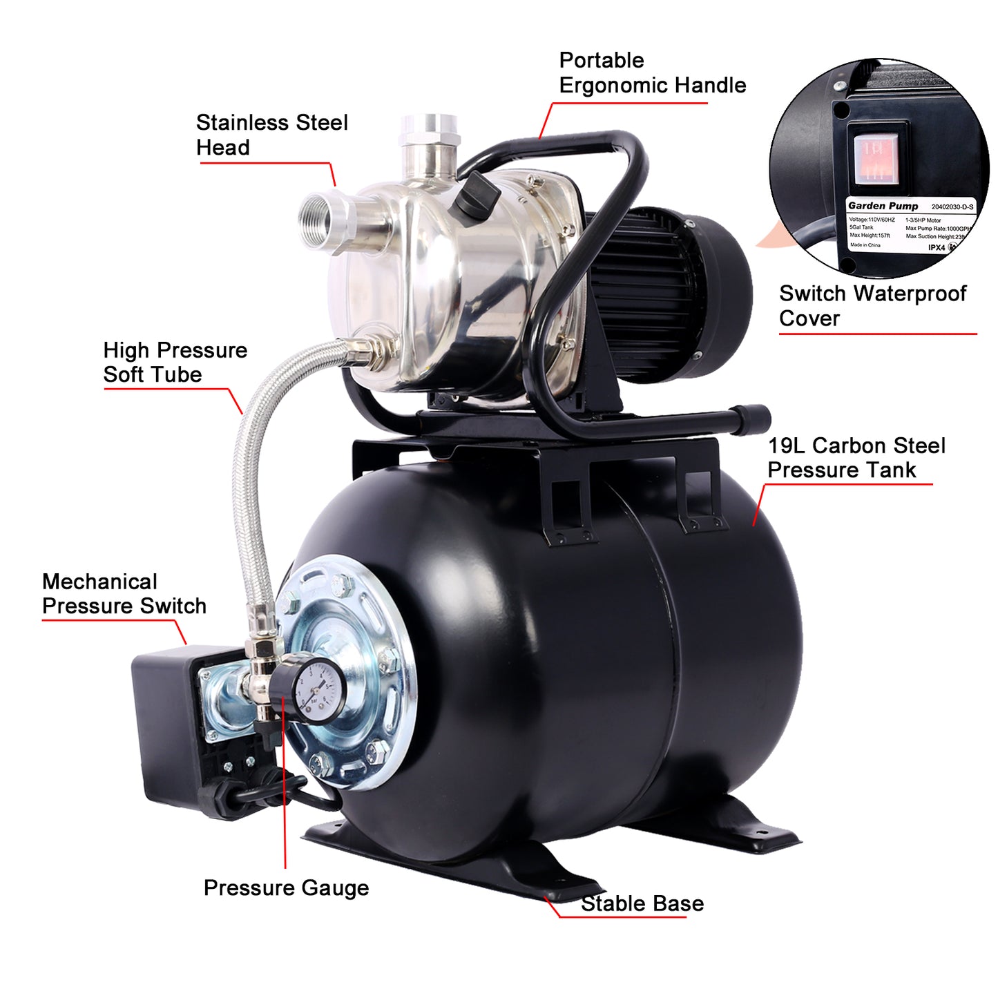 1.6HP Shallow Well Pump with Pressure Tank,garden water pump, Irrigation Pump,Automatic Water Booster Pump for Home Garden Lawn Farm, stainless steel head