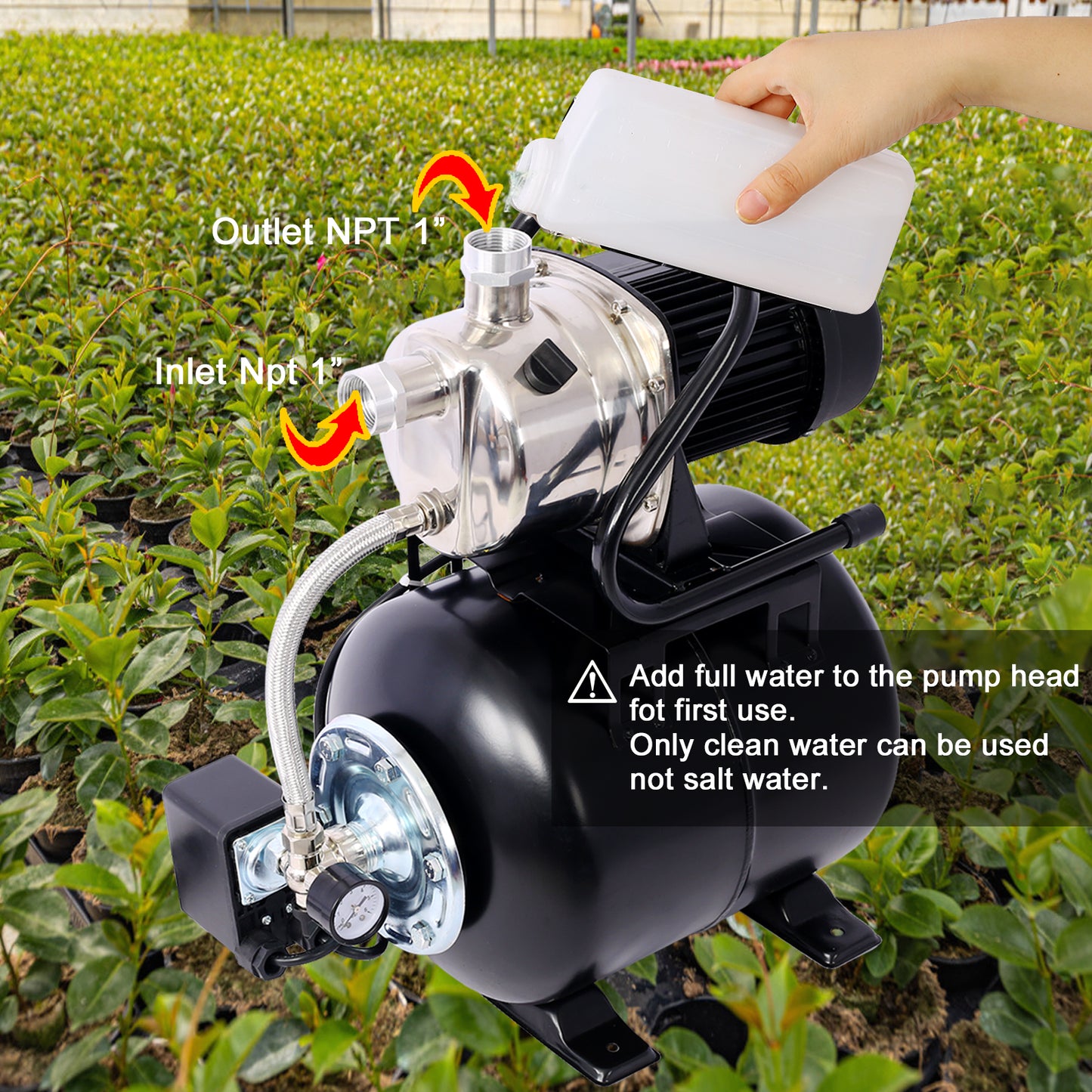 1.6HP Shallow Well Pump with Pressure Tank,garden water pump, Irrigation Pump,Automatic Water Booster Pump for Home Garden Lawn Farm, stainless steel head