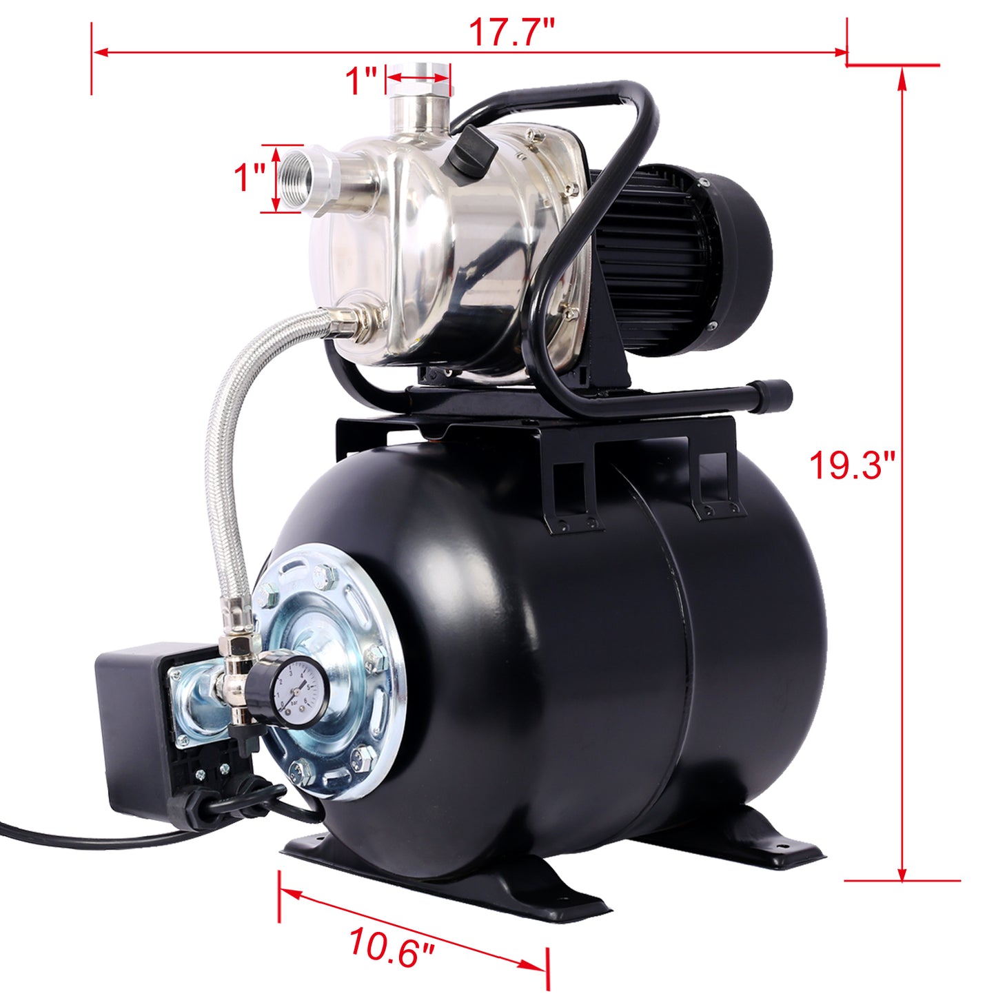 1.6HP Shallow Well Pump with Pressure Tank,garden water pump, Irrigation Pump,Automatic Water Booster Pump for Home Garden Lawn Farm, stainless steel head