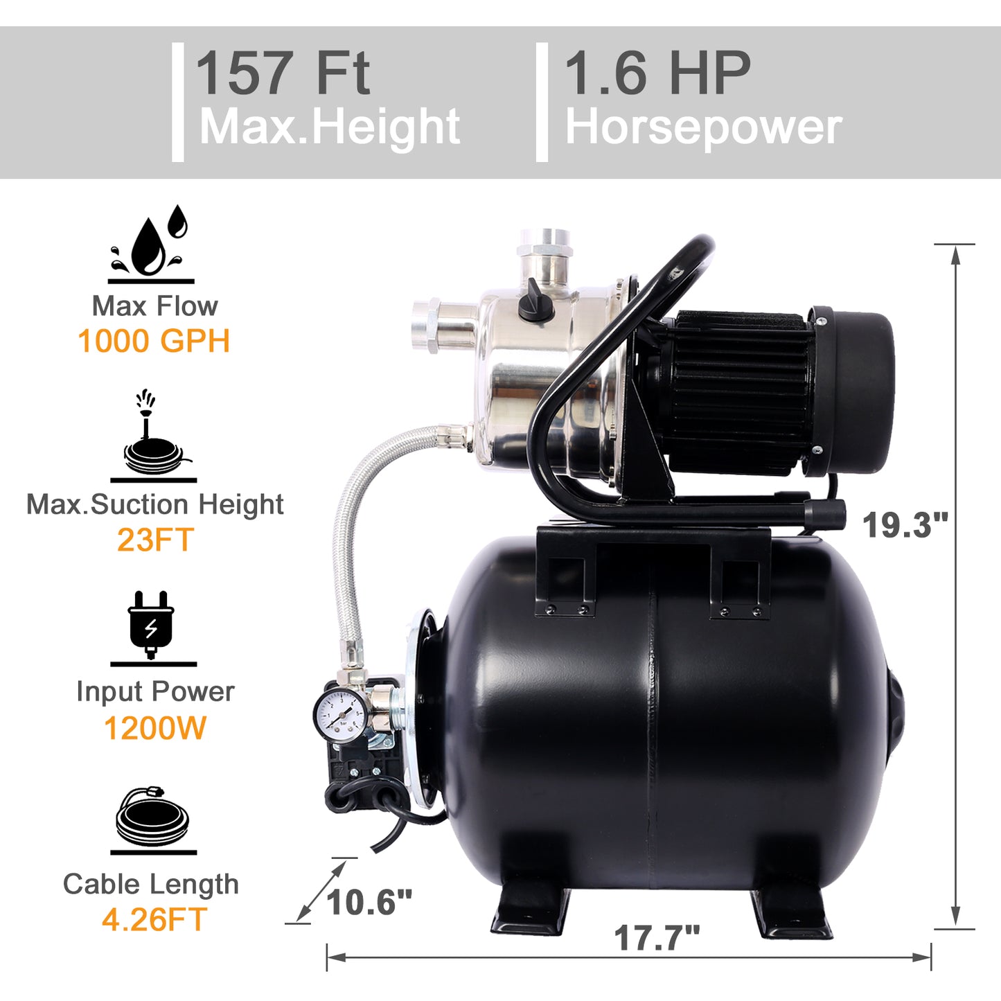 1.6HP Shallow Well Pump with Pressure Tank,garden water pump, Irrigation Pump,Automatic Water Booster Pump for Home Garden Lawn Farm, stainless steel head