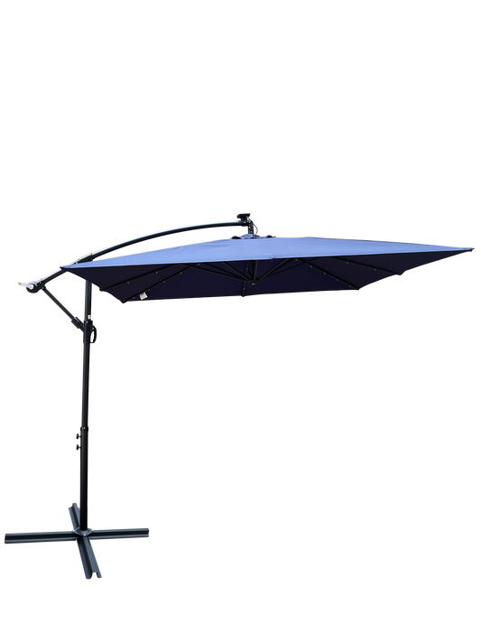 Square 2.5X2.5M Outdoor Patio Umbrella Solar Powered LED Lighted Sun Shade Market Waterproof 8 Ribs Umbrella with Crank and Cross Base for Garden Deck Backyard Pool Shade Outside Deck Swimming Pool