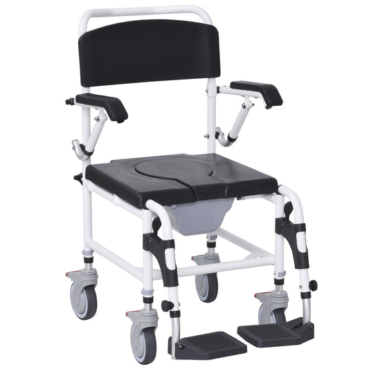 Accessibility Commode Wheelchair, Rolling Shower Wheelchair with 4 Castor Wheels, Rectangle Detachable Bucket, & Waterproof Design, 17" Seat Width, Black