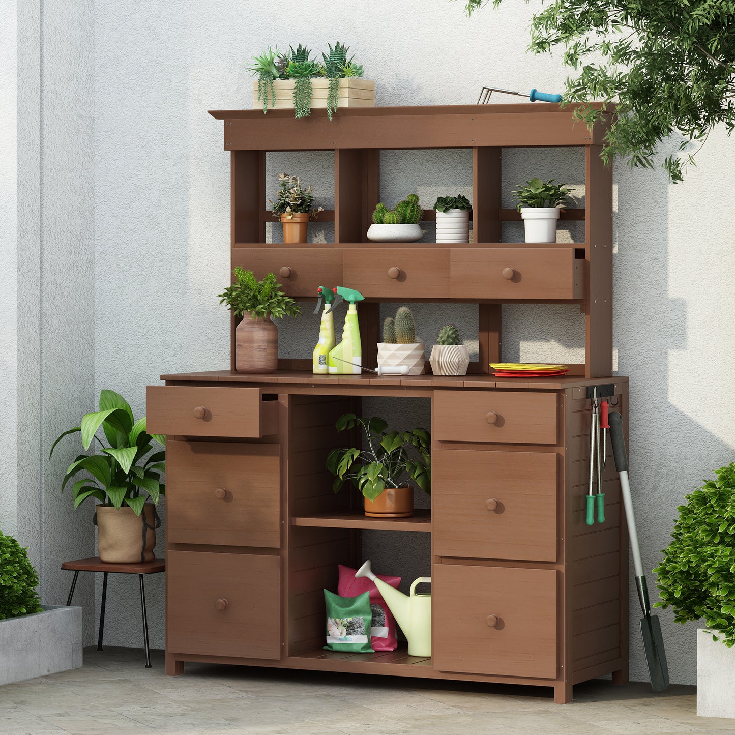 TOPMAX Garden Potting Bench Table, Rustic and Sleek Design with Multiple Drawers and Shelves for Storage, Brown