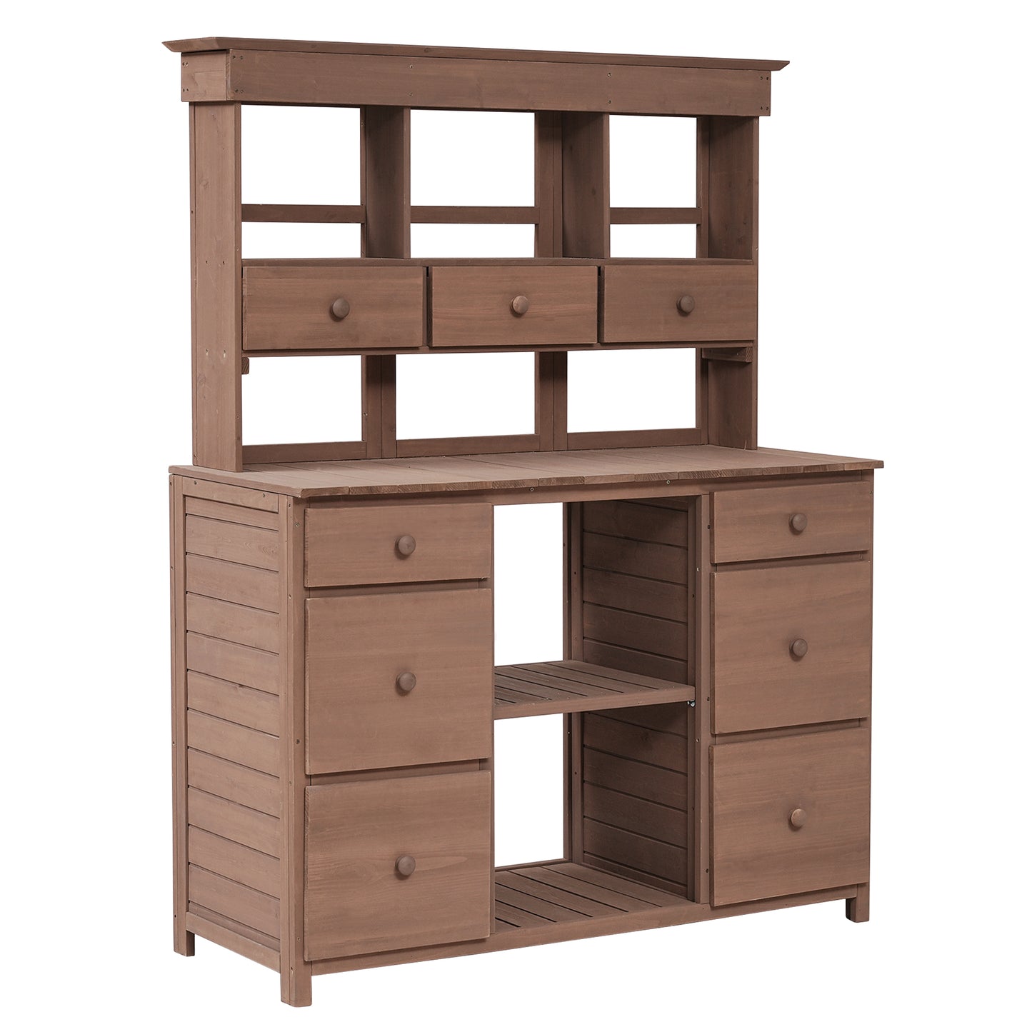 TOPMAX Garden Potting Bench Table, Rustic and Sleek Design with Multiple Drawers and Shelves for Storage, Brown