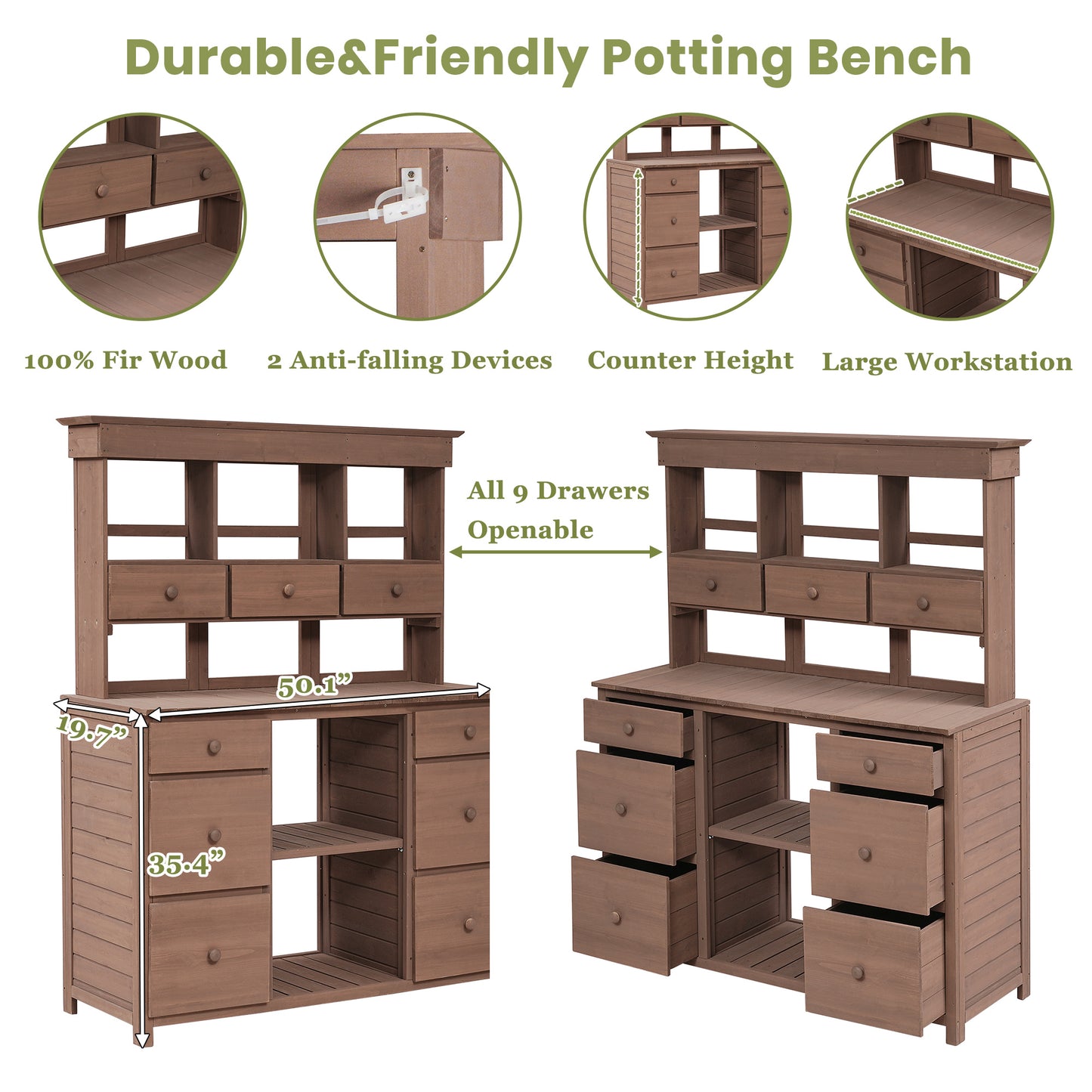 TOPMAX Garden Potting Bench Table, Rustic and Sleek Design with Multiple Drawers and Shelves for Storage, Brown