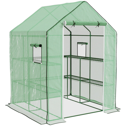 Outsunny 4.6' x 4.7' Portable Greenhouse, Water/UV Resistant Walk-In Small Outdoor Greenhouse with 2 Tier U-Shaped Flower Rack Shelves, Roll Up Door & Windows, Green