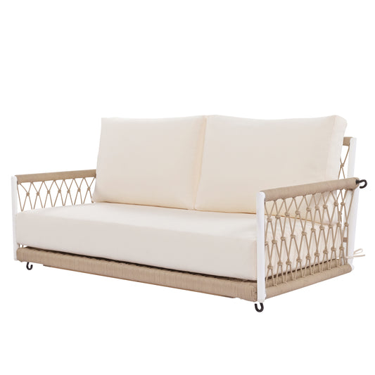 TREXM 1-Piece Woven Rope Outdoor Swing Sofa with Soft Cushions Seating 2 for Patio, Courtyard and Balcony (Beige)