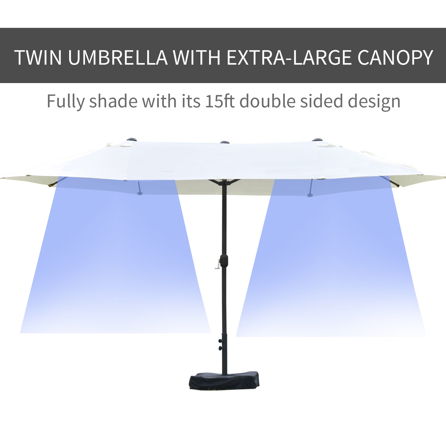 Outsunny Patio Umbrella 15' Steel Rectangular Outdoor Double Sided Market with base, Sun Protection & Easy Crank for Deck Pool Patio, Beige