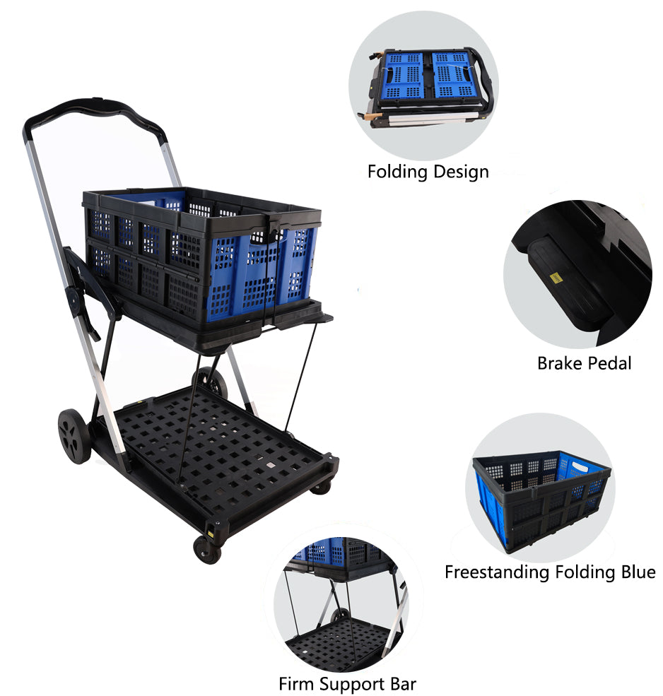 Folding service cart with wheels double-decker, shopping, library, office warehouse moving carts