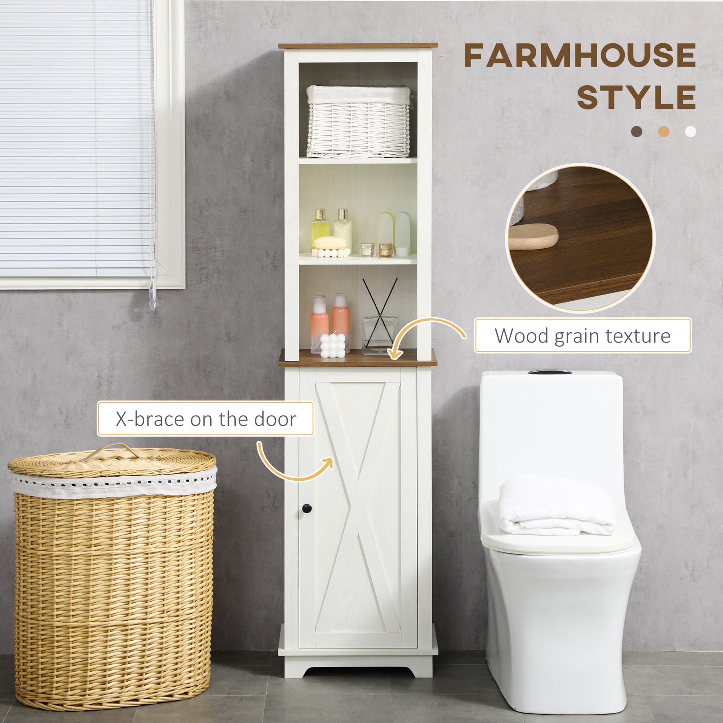 kleankin Slim Bathroom Storage Cabinet with Triple Open Shelves, Wooden Freestanding Linen Tower with Door and Shelf Adjustability, White