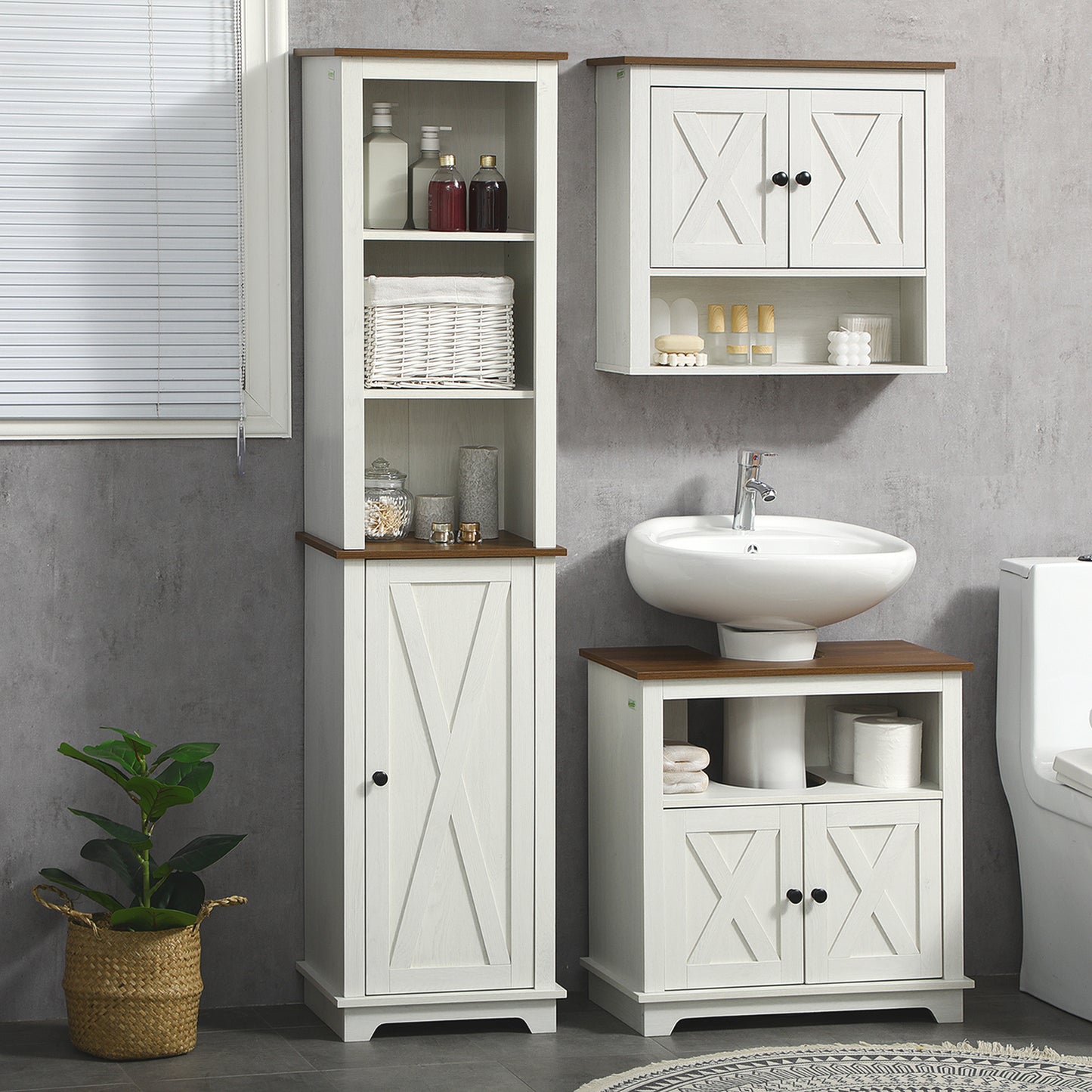 kleankin Slim Bathroom Storage Cabinet with Triple Open Shelves, Wooden Freestanding Linen Tower with Door and Shelf Adjustability, White