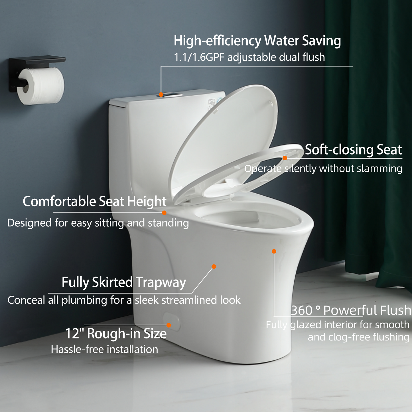 1.1/1.60 GPF Dual-Flush One Piece Toilet, Water-Saving Elongated Comfort Height Floor Mounted, Soft Closing Seat, 1000 Gram Map Flushing Score Toilet, Glossy White 23T02-GW