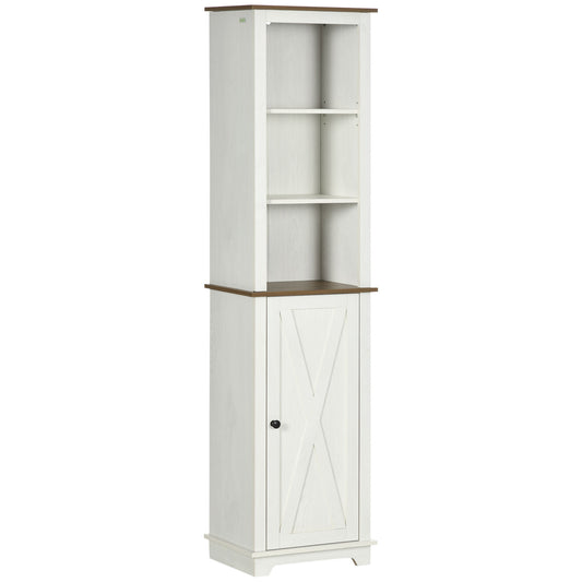 kleankin Slim Bathroom Storage Cabinet with Triple Open Shelves, Wooden Freestanding Linen Tower with Door and Shelf Adjustability, White