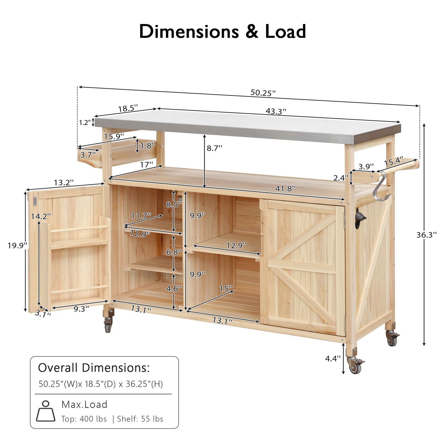 K&K Outdoor Kitchen Island, Rolling Bar Cart & Storage Cabinet, Farmhouse Solid Wood Outdoor Grill Table with Stainless Steel Top, Spice Rack , Towel Rack for Kitchen & BBQ , Natural