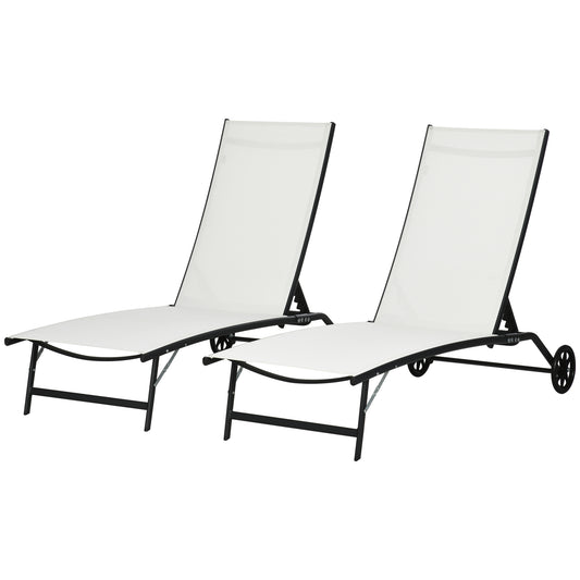 Outsunny Chaise Lounge Outdoor, 2 Piece Lounge Chair with Wheels, Tanning Chair with 5 Adjustable Positions for Patio, Beach, Yard, Pool, Cream White