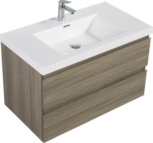 36" Floating Bathroom Vanity with Sink, Modern Wall-Mounted Bathroom Storage Vanity Cabinet with Resin Top Basin and Soft Close Drawers, Ash Grey 24V11-36AG
