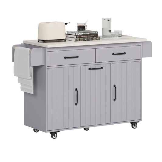 K&K Kitchen Island with Trash Can Storage Cabinet, Kitchen Cart with Drop Leaf, Spice Rack, Towel Rack and Drawer, Rolling Kitchen Island on Wheels with Adjustable Shelf, Grey