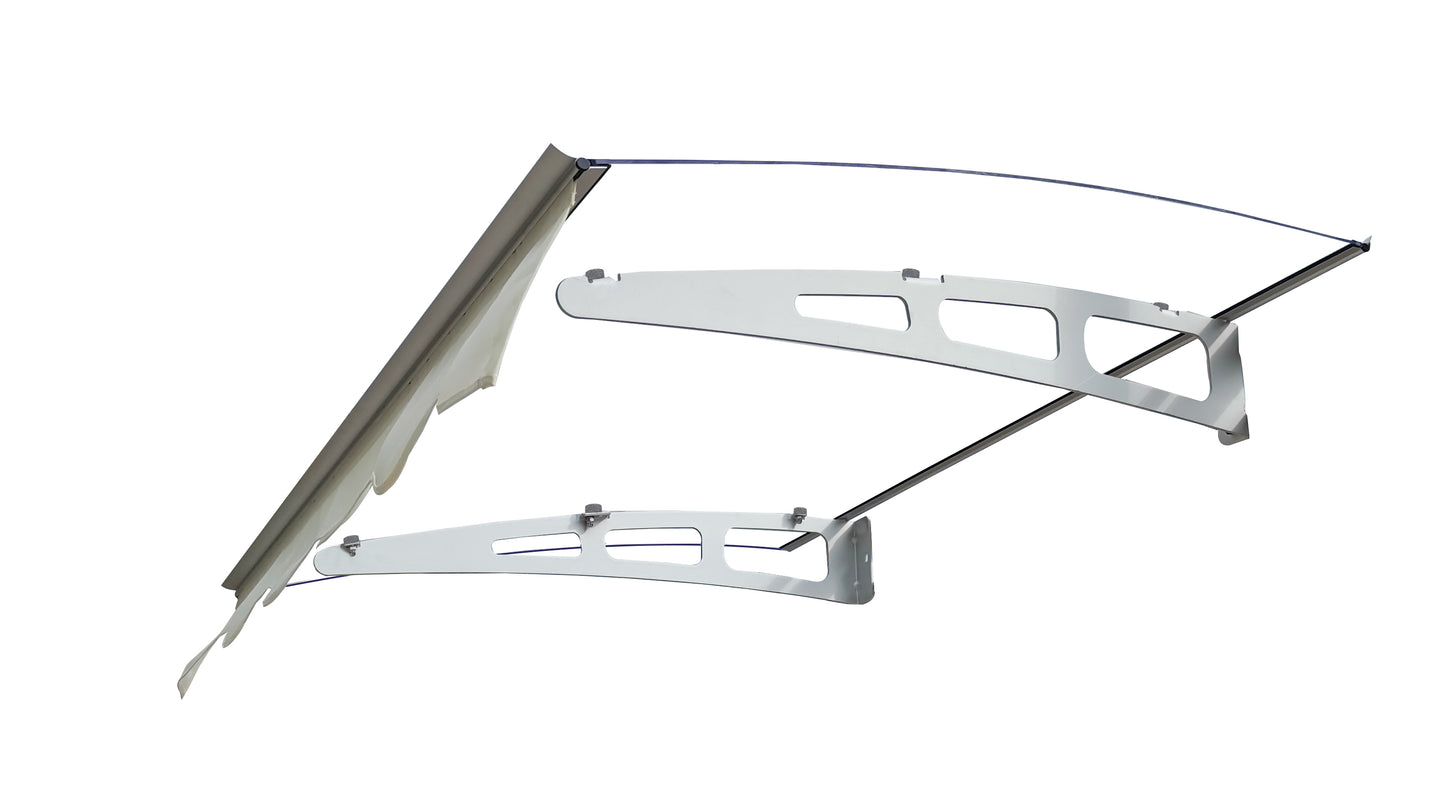 DA4734W Series Door Window Awning Made of 0.137 Inch Thick Crystal Solid Polycarbonate Sheet and Aluminum Alloy with Valance in size of 47" Wide x 34" Deep for Wooden Wall House