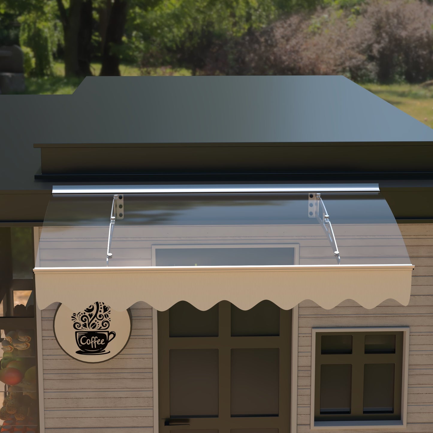 DA4734W Series Door Window Awning Made of 0.137 Inch Thick Crystal Solid Polycarbonate Sheet and Aluminum Alloy with Valance in size of 47" Wide x 34" Deep for Wooden Wall House