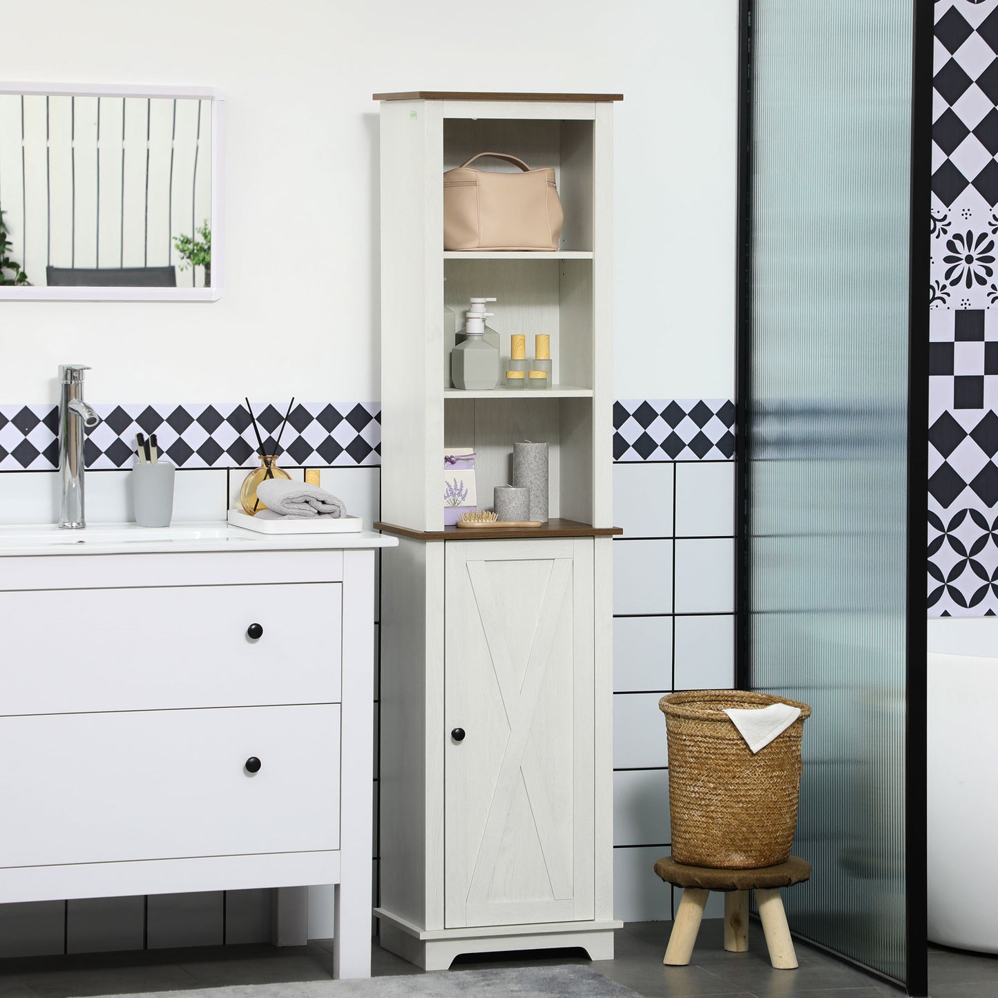 kleankin Slim Bathroom Storage Cabinet with Triple Open Shelves, Wooden Freestanding Linen Tower with Door and Shelf Adjustability, White