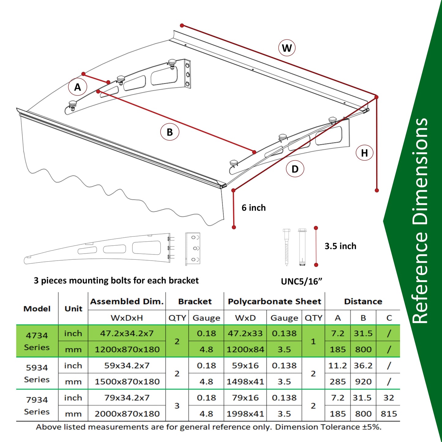 DA4734W Series Door Window Awning Made of 0.137 Inch Thick Crystal Solid Polycarbonate Sheet and Aluminum Alloy with Valance in size of 47" Wide x 34" Deep for Wooden Wall House