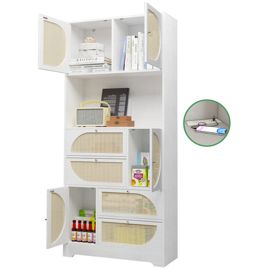 Storage Cabinet with Rattan Doors, Tall Freestanding Hutch Cabinet with Power Outlet,4 cabinet door and 4 Drawers& 1 Large Countertop, Buffet Drawer Cabinet door design