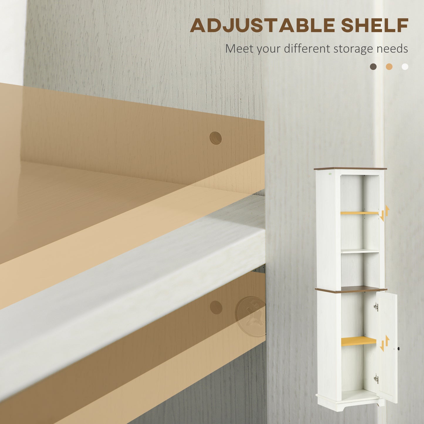 kleankin Slim Bathroom Storage Cabinet with Triple Open Shelves, Wooden Freestanding Linen Tower with Door and Shelf Adjustability, White