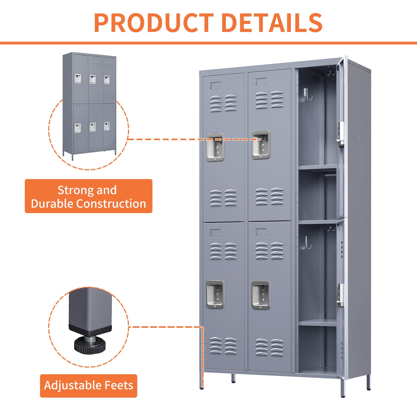6 Door 72"H Metal Lockers With Lock for Employees,Storage Locker Cabinet  for Home Gym Office School Garage,Gray
