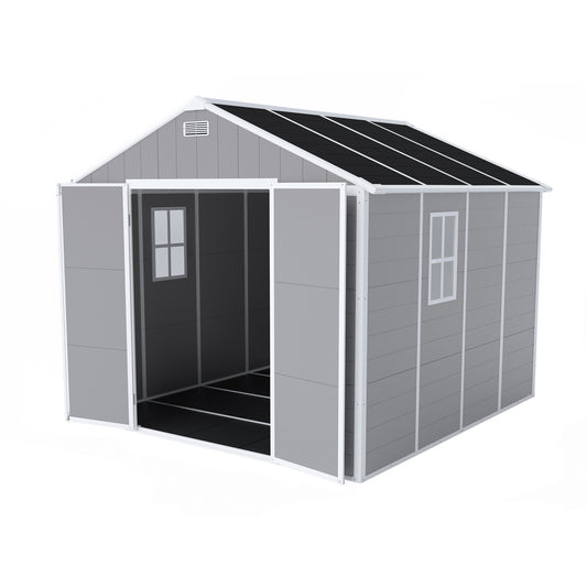 Campcraft 8*8ft resin storage shed, high quality pp material, strong structure, waterproof, rust and UV proof, large storage space, 12mm thick pp board, HD window lighting