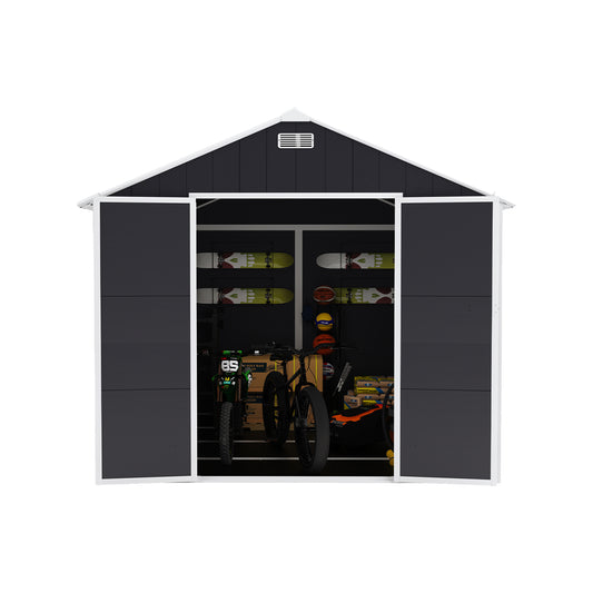 Campcraft 8*8ft resin storage shed, high quality pp material, strong structure, waterproof, rust and UV proof, large storage space, 12mm thick pp board, HD window lighting Dark gray