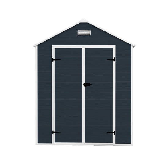 Campcraft 6*6ft resin storage shed, high quality pp material, strong structure, waterproof, rust and UV proof, large storage space, 12mm thick pp board, HD window lighting Dark gray