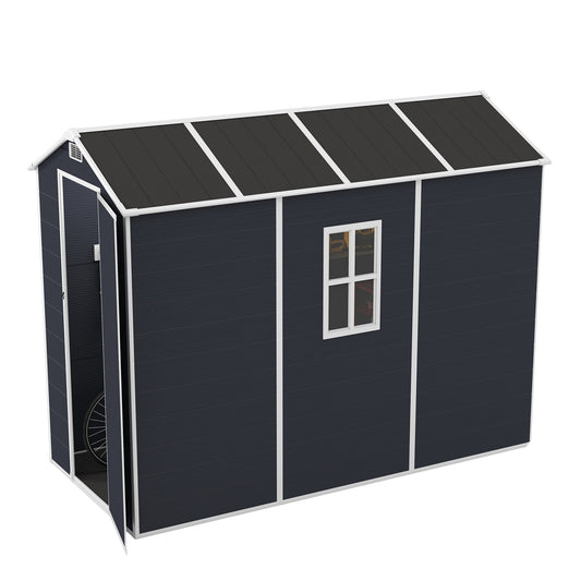 Campcraft 4*8ft resin storage shed, high quality pp material, strong structure, waterproof, rust and UV proof, large storage space, 12mm thick pp board, HD window lighting Dark gray