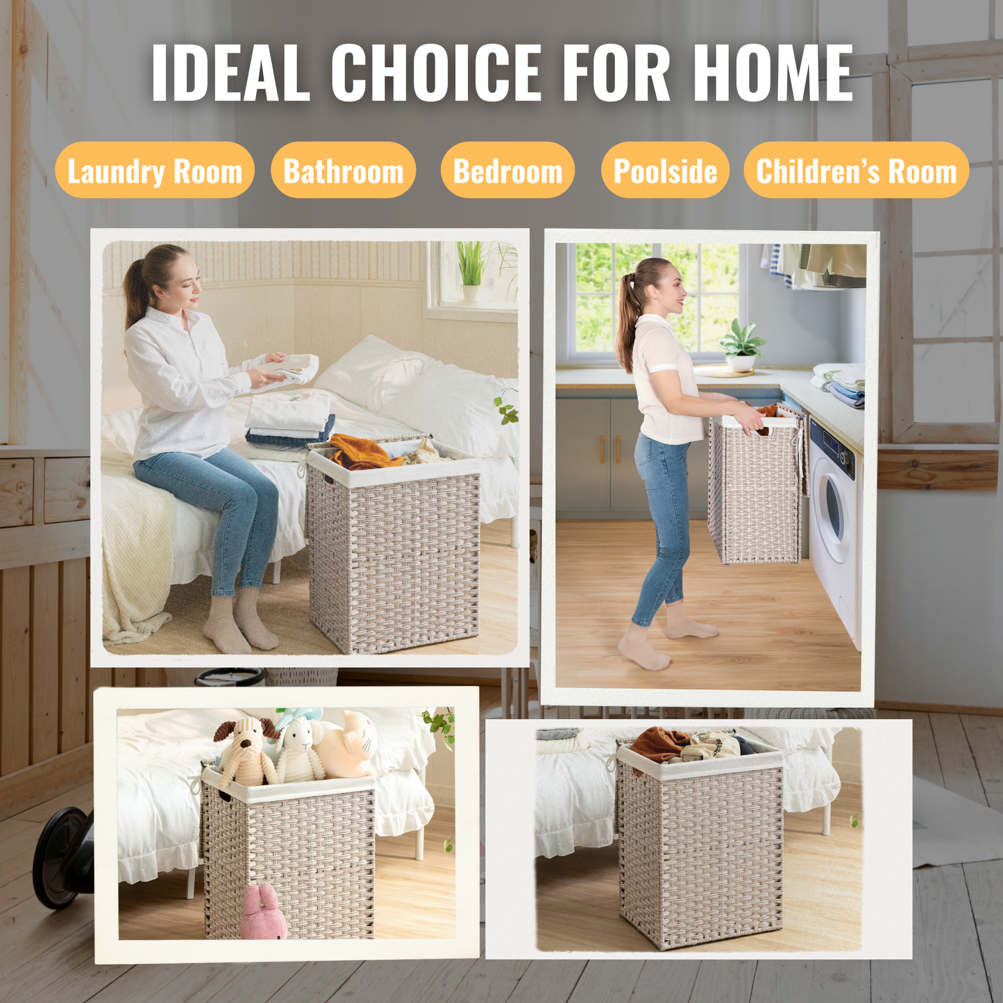 Laundry Hamper With Lid PE Rattan Powder Coating Frame Clothes Hampers with 01 Removable Bags, 100L, Gray Color