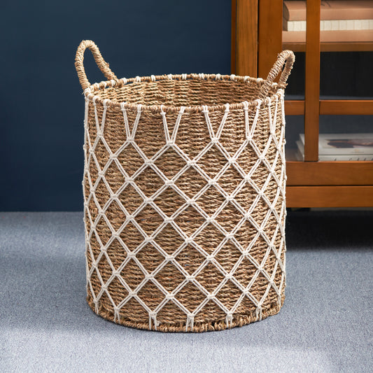 Hubertus Round Water Hyacinth Woven Basket with Handles - 15" x 15" x 15.7" - Natural Brown - For Clothes, Towels, Canvas, Toys and Magazine Storage and Home Decoration