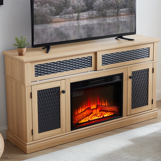 Embossed Pattern TV Stand with 23" fireplace insert,, TV and Media Console with Open and Closed Storage Space and sliding door for Living Room & Bedroom,LIGHT OAK, 58.27"W*15.35"W*31.7H