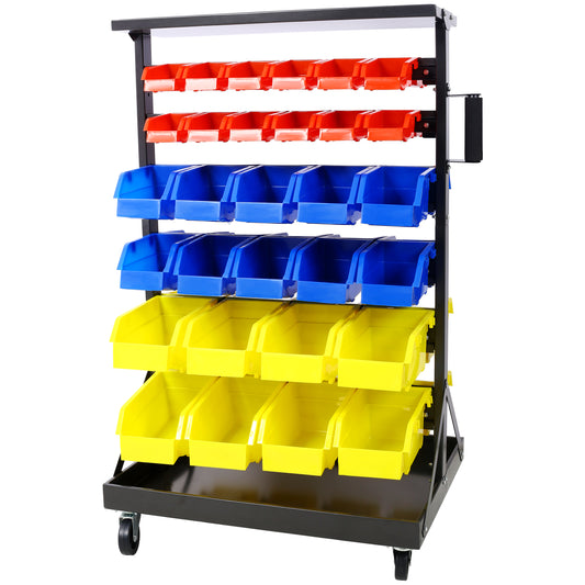 6-Tier Dual-Sided Rolling Bin Rack , 350 Pound Capacity, Includes 60 Organizer Bins, with Tray and Casters