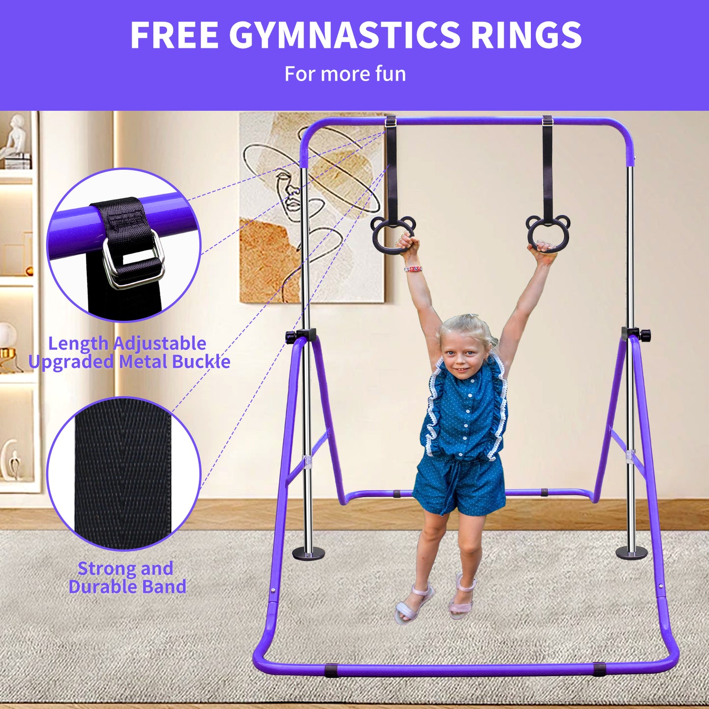 Purple Multi-Functional Adjustable Height Children's Horizontal Gymnastic Bar With Bear Rings